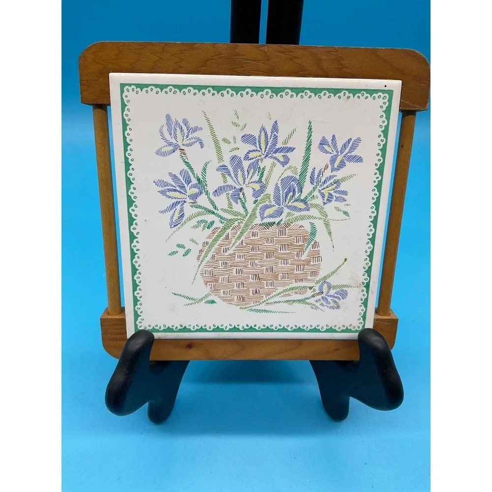 Vintage Iris Flower Basket Trivet Ceramic Tile Wood Frame Grandmacore‎